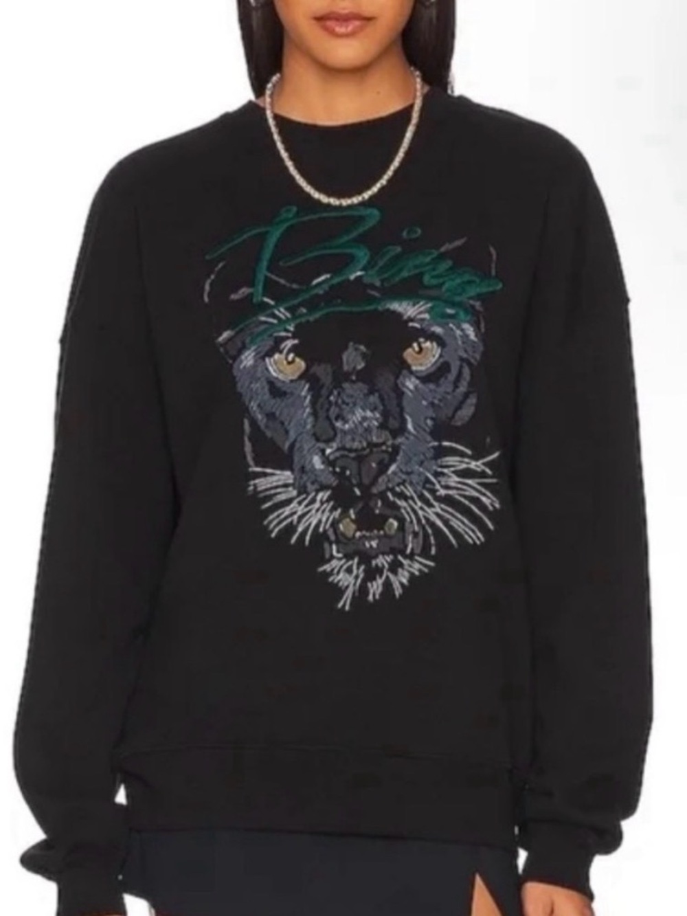 Anine Bing Black Graphic Panther Crew Sweatshirt with Teal Script